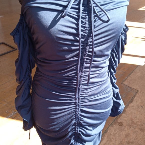 Navy longsleve off the shoulder adjustable rushing dress - Picture 2 of 8